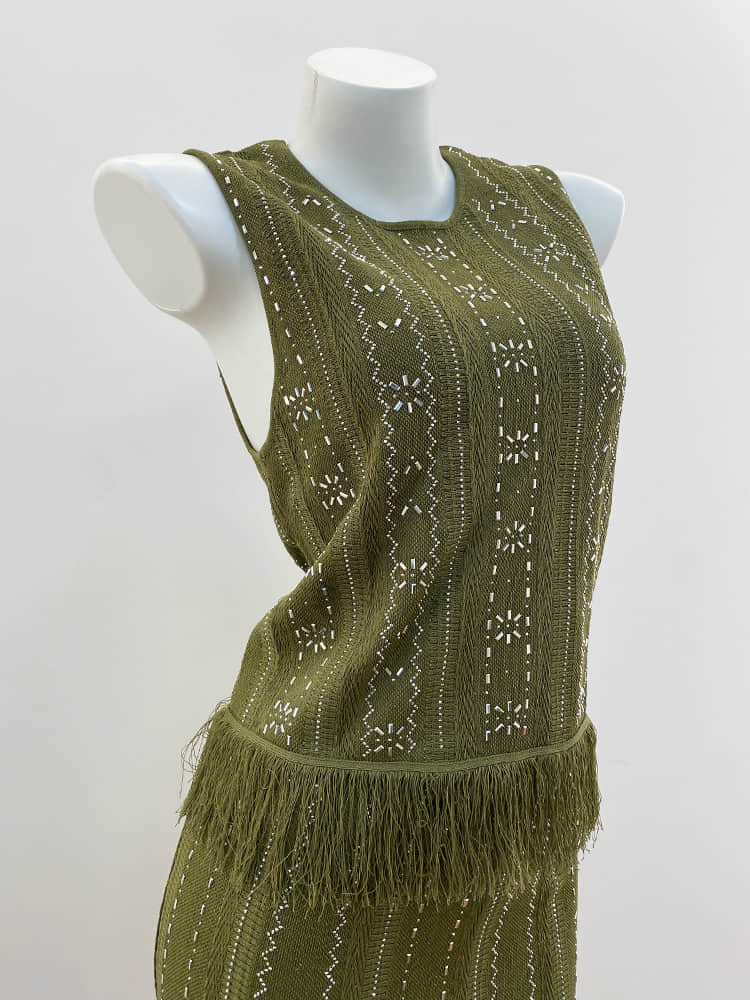 Green diamond-embellished knitted two-piece suit