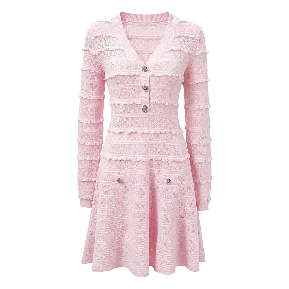 V-neck long-sleeved knitted slim dress