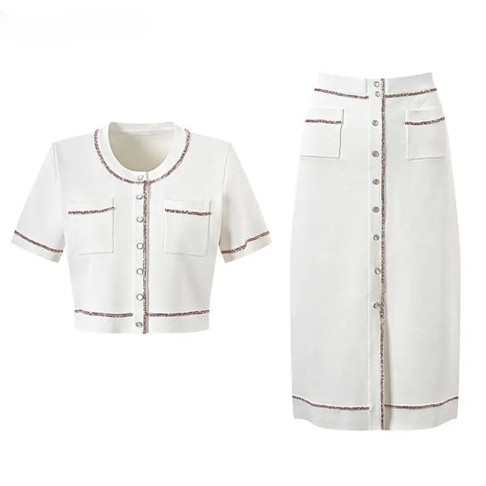 Short Sleeve Single-breasted Cardigan Midi Skirt Women Colorblock Knit 2Pcs