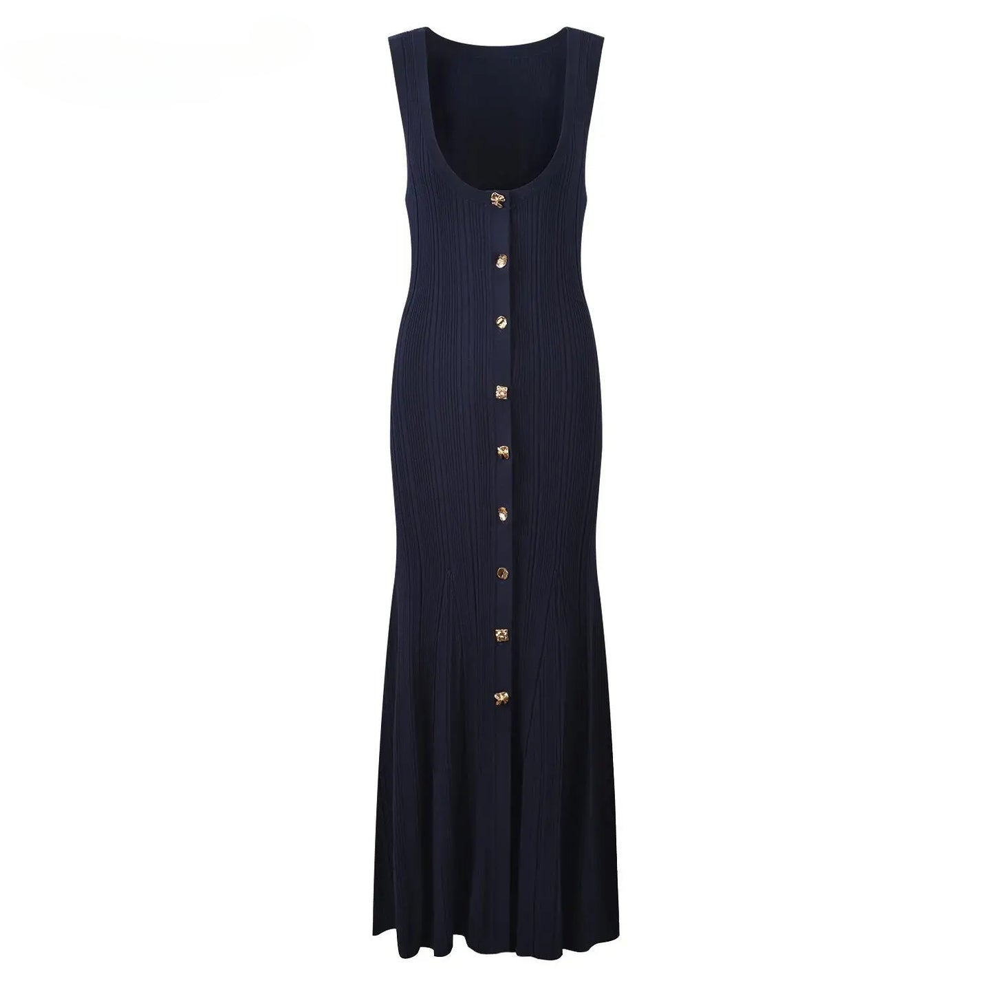 Solid Sleeveless Single-breasted Flared Hem Knit Long Dress For Women