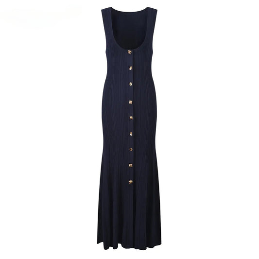 Solid Sleeveless Single-breasted Flared Hem Knit Long Dress For Women