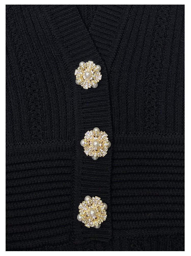 V-neck black long-sleeved cardigan for women
