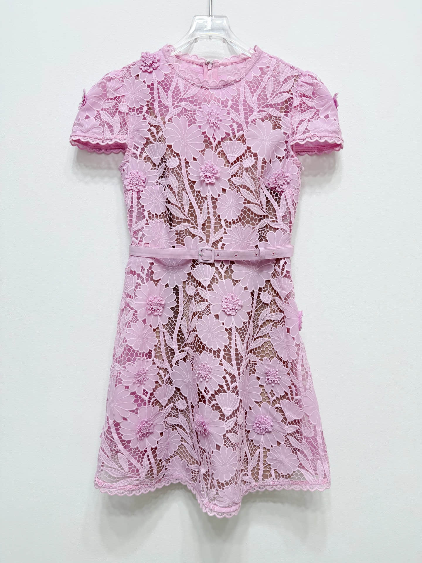 Pink short sleeve lace mini dress