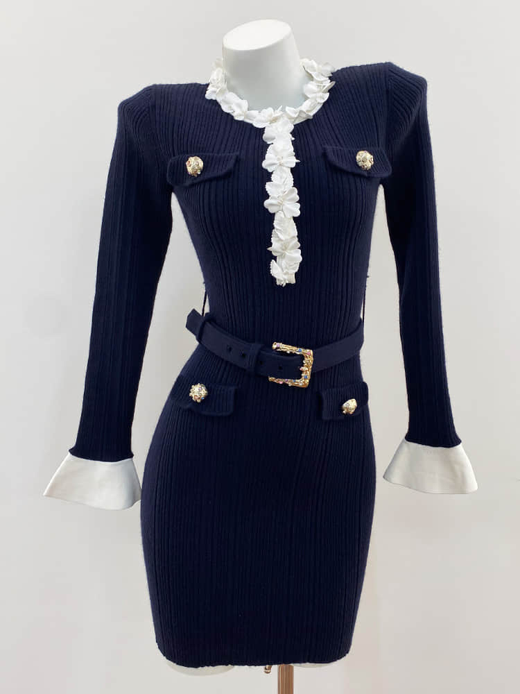 Deep Blue Long-Sleeved Knit Mini Dress