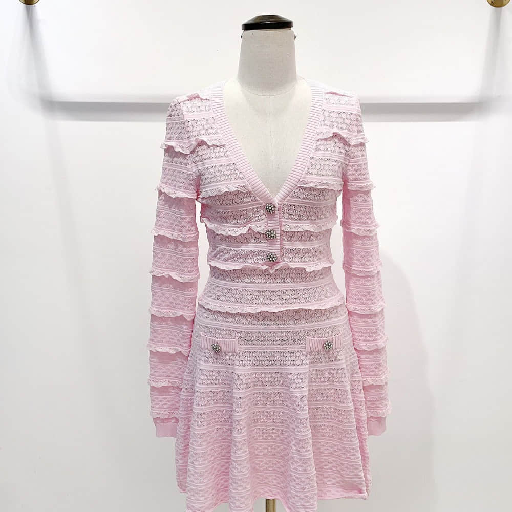 V-neck long-sleeved knitted slim dress