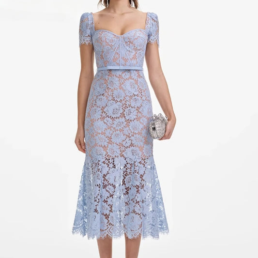 Women's blue lace hollow elegant short-sleeved dress