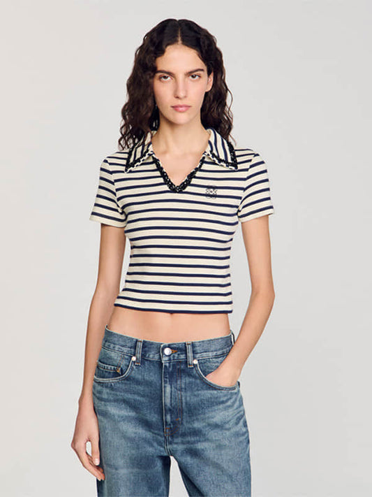 V-neck short-sleeved striped top