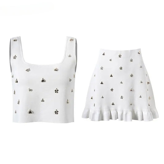 Square Collar Sleeveless Tank Top Slim Mini Skirt Women Solid 2Pcs