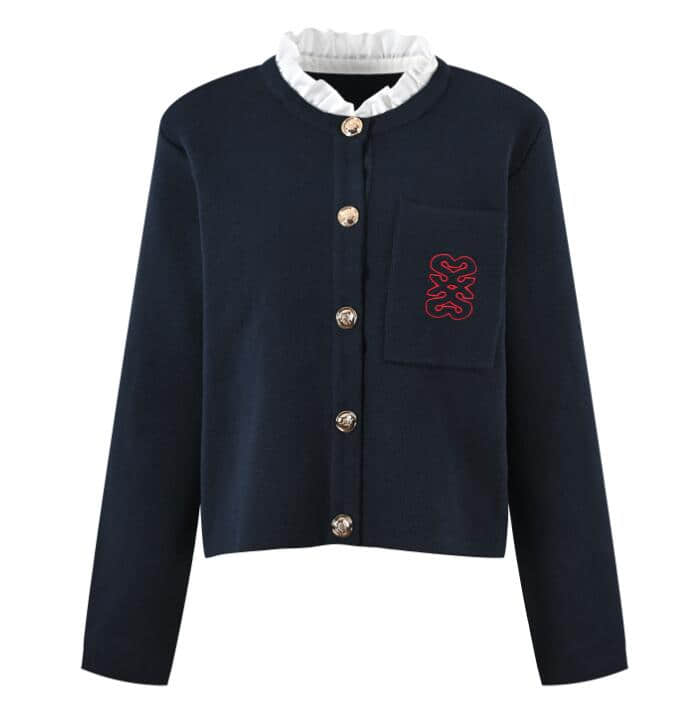 Dark blue long-sleeved embroidered cardigan