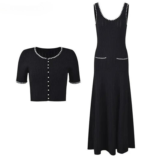 Women's black elegant two-piece suit with short-sleeved cardigan or sleeveless vest dress