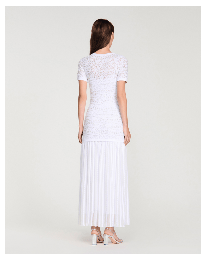 Women's lace openwork pearl short-sleeved white dress
