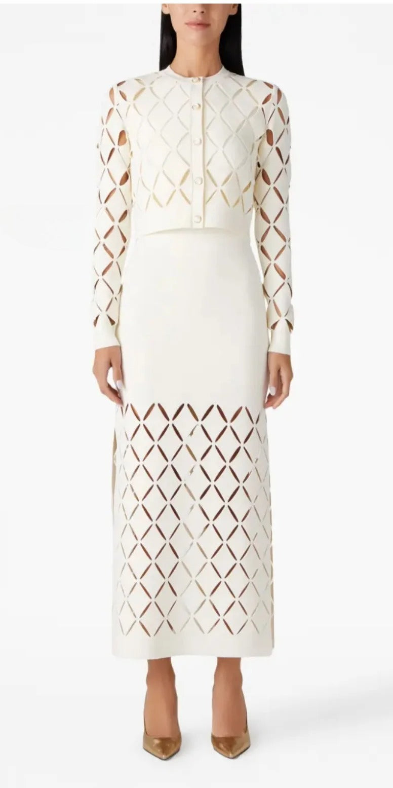 Two piece set of elegant hollowed out cardigan and dress for women