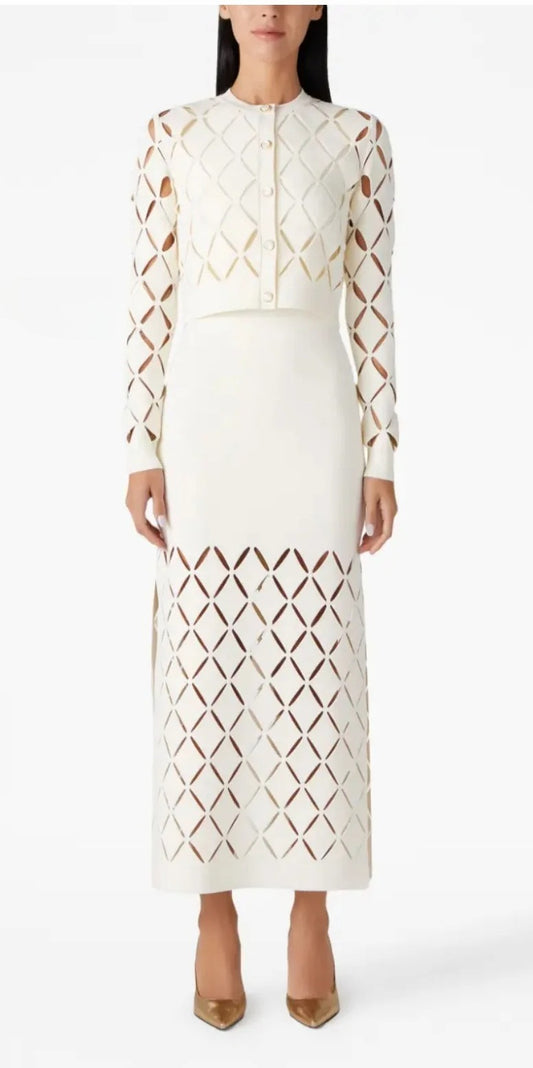 Two piece set of elegant hollowed out cardigan and dress for women