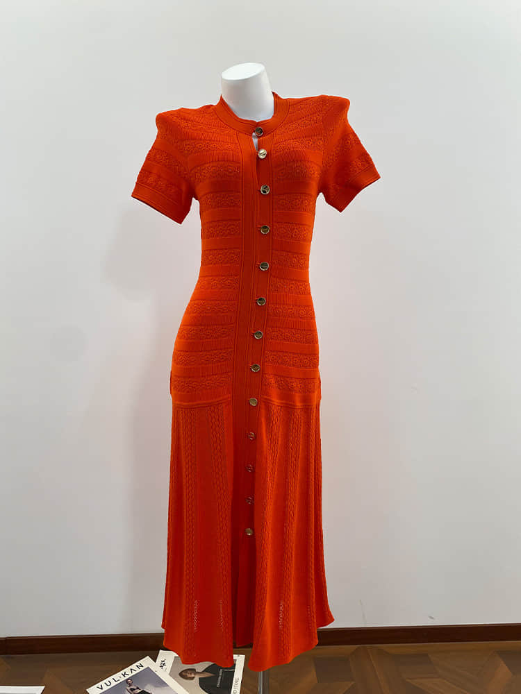 Women's Red Short Sleeve Single Breasted Knit Dress