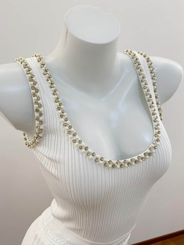 Diamond-studded crew neck cardigan or backless dress