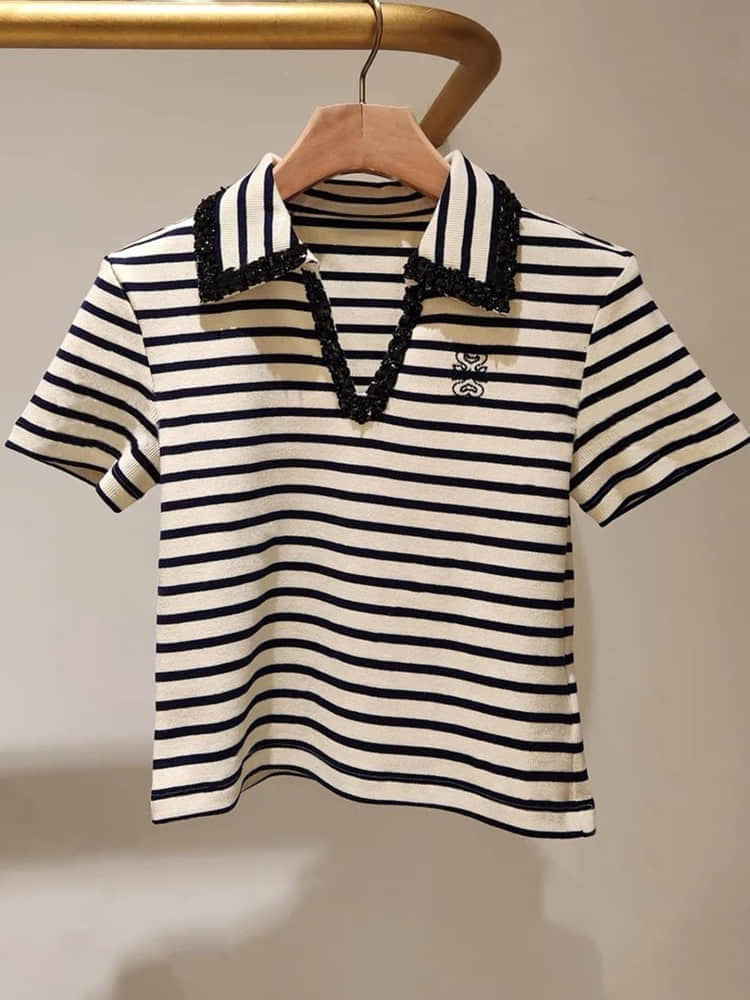 V-neck short-sleeved striped top