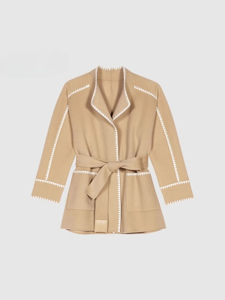 Women's French wool blend lace up short double-sided woolen coat