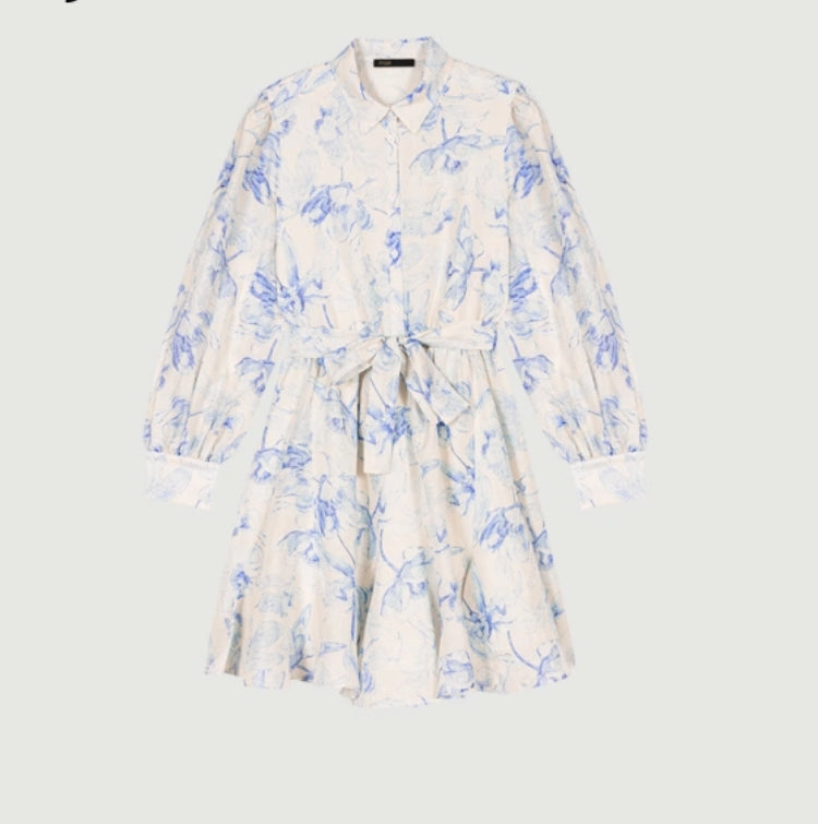 Women Single-Breasted Shirt Dress Blue Print Ladies Mini Dress