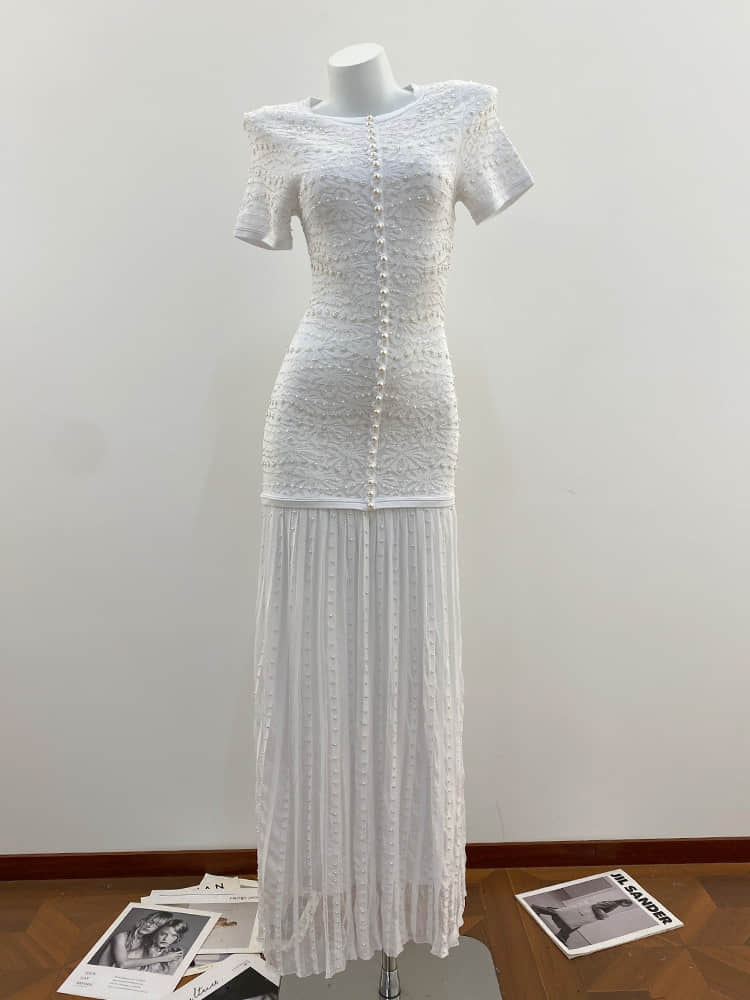 Women's lace openwork pearl short-sleeved white dress