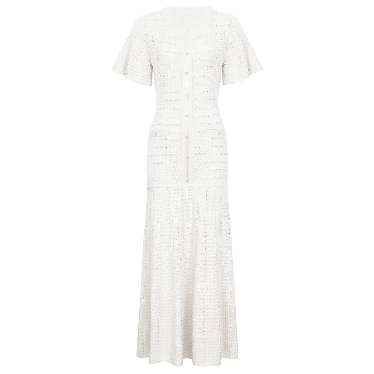 White short-sleeved knitted slim long dress