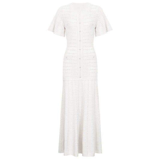 White short-sleeved knitted slim long dress