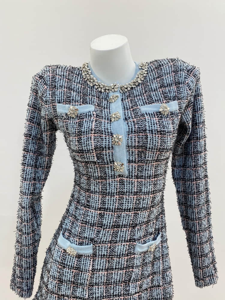 Blue long sleeve plaid dress