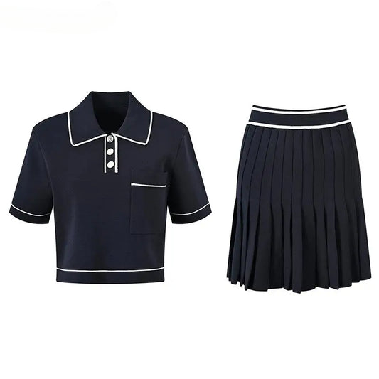Short Sleeve Single-breasted Tops Mini Skirt Women Summer Knit 2Pcs