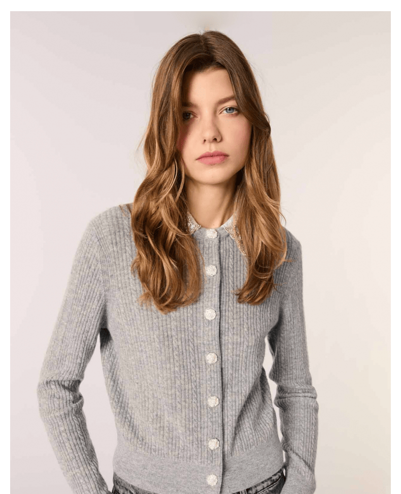 Gray Diamond Long Sleeve Lapel Elegant Women's Cardigan