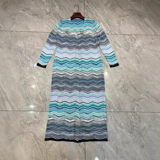Green striped knitted long cardigan