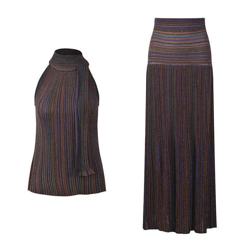 Women's Striped Knitted Slim Fit Two Piece Suit