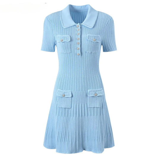 Short Sleeve Women Knit Sequin Slim Fitted Flounced Short Solid Dress