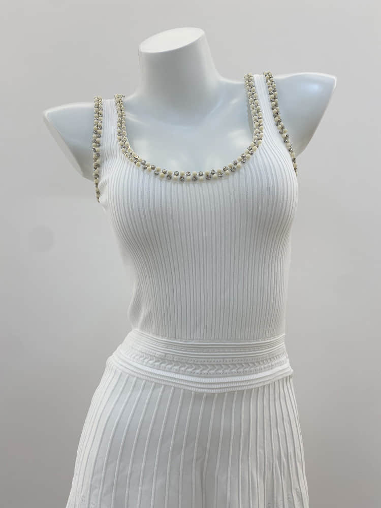 Diamond-studded crew neck cardigan or backless dress