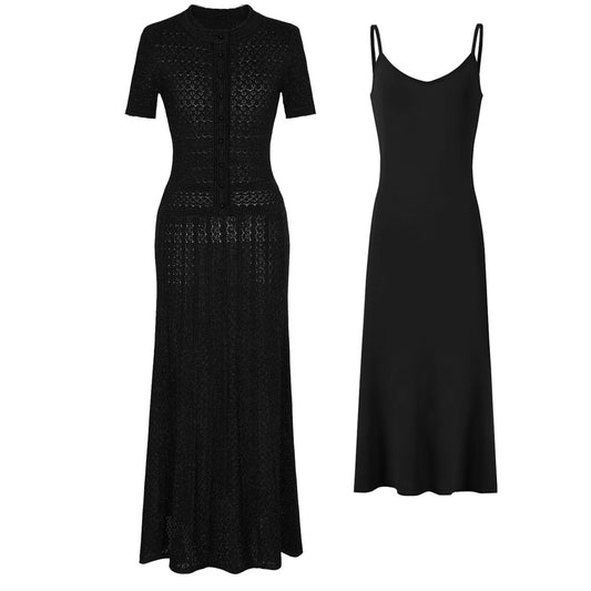 Black knitted short-sleeved slim elegant dress