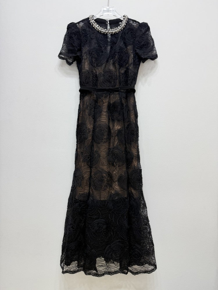 Women's black lace short sleeve dress