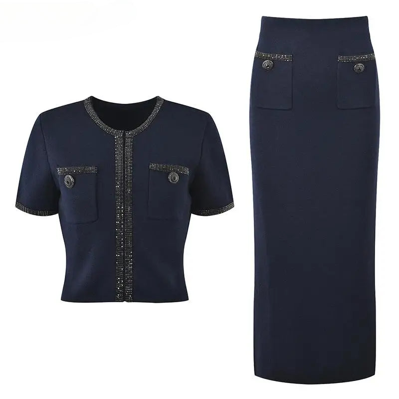 O-neck Short Sleeve Single-breasted Cardigan Long Skirt Women Solid Knit 2Pcs