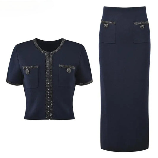 O-neck Short Sleeve Single-breasted Cardigan Long Skirt Women Solid Knit 2Pcs