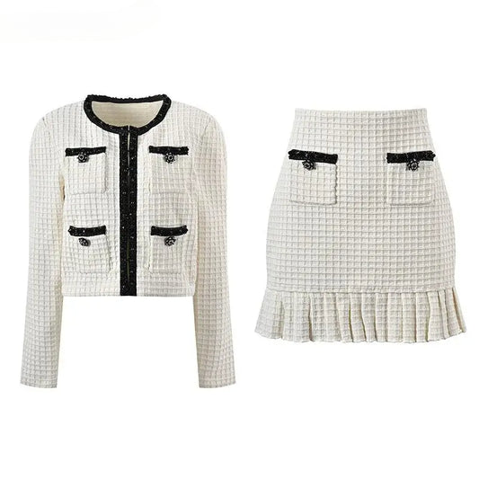 O-neck Single-breasted Cardigan Slim Mini Skirt Women Solid 2Pcs