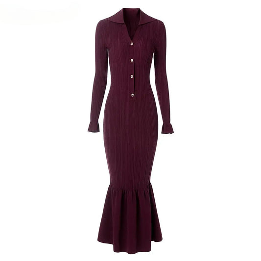 Women Knit Slim Fitted Flared Hem Maxi Dress