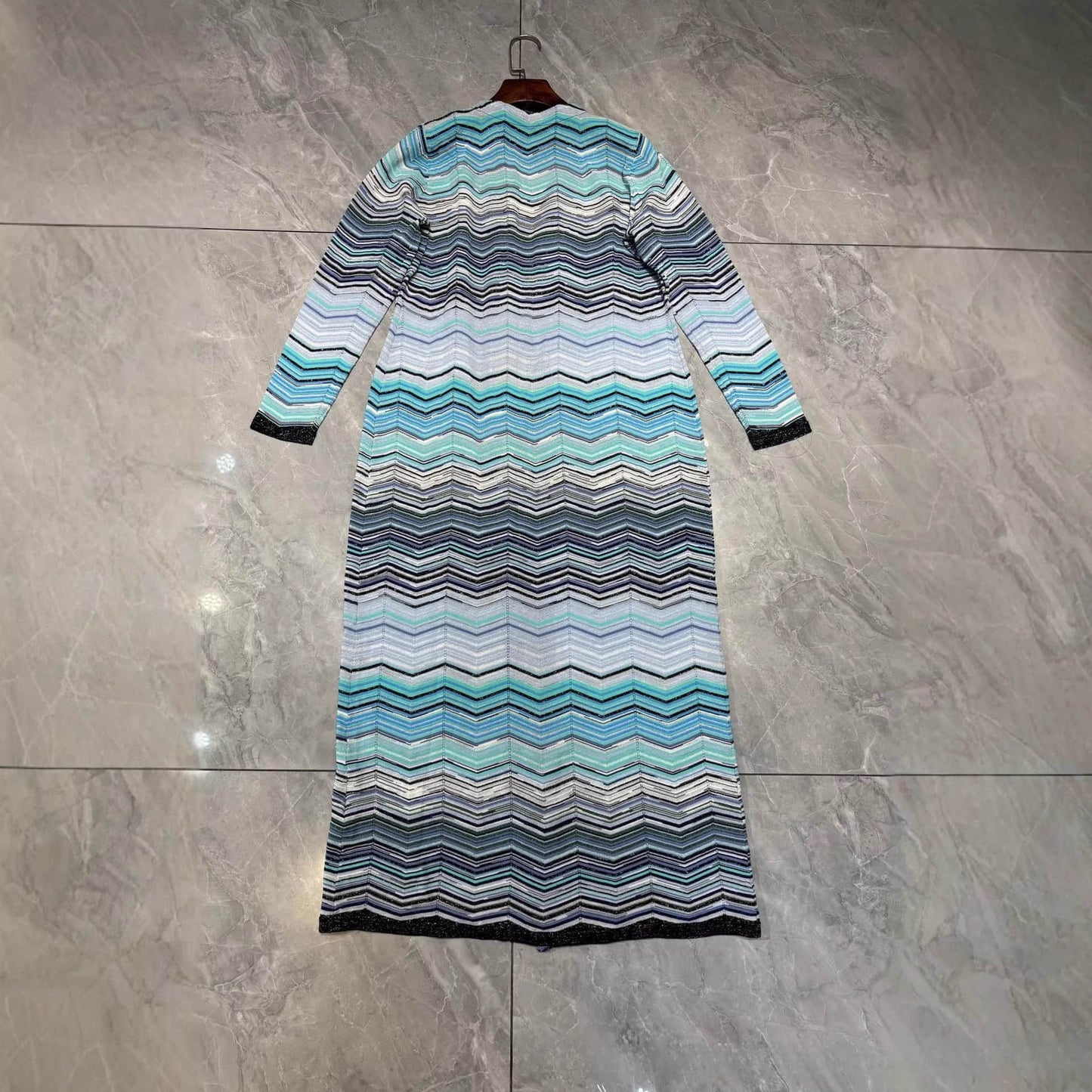 Green striped knitted long cardigan
