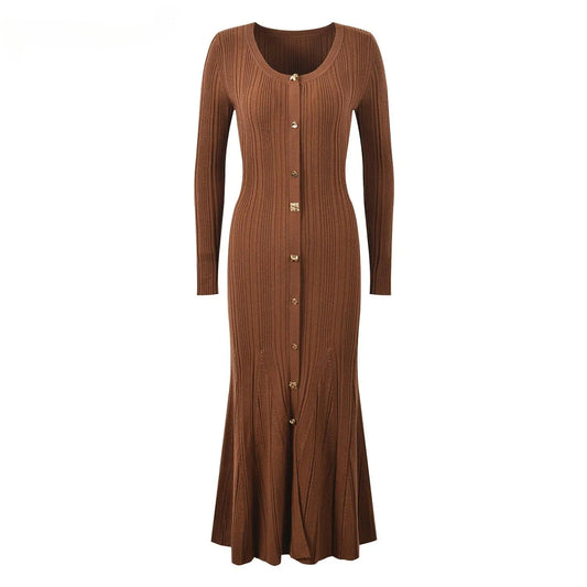 Women Knit Single-breasted Slim Fitted Flared Hem Maxi Mermaid Dress