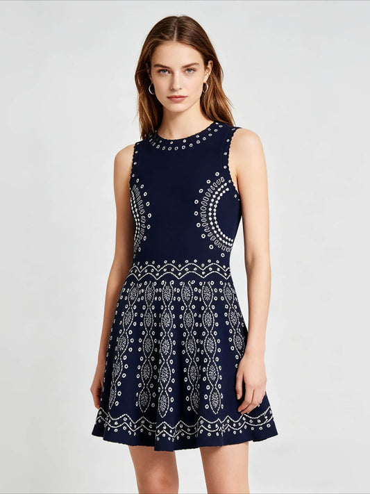 Dark blue round neck sleeveless slim dress