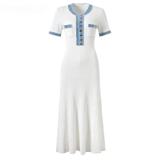 O-neck Short Sleeve Single-breasted Knitted Fit And Flare Long Dress