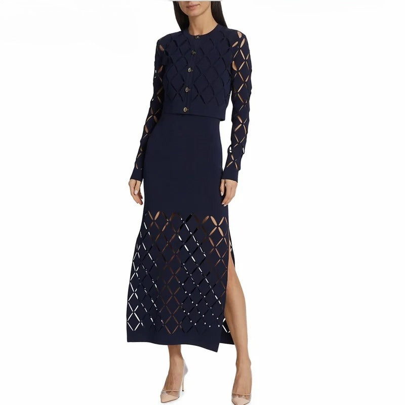 Women's dark blue dress cardigan two-piece set
