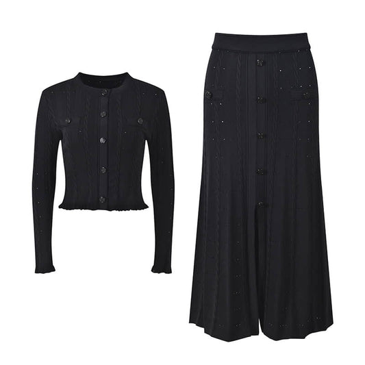 Black long-sleeved knit elegant two-piece set