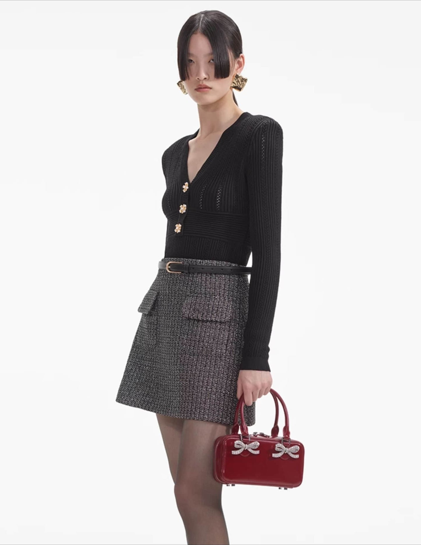 V-neck black long-sleeved cardigan for women