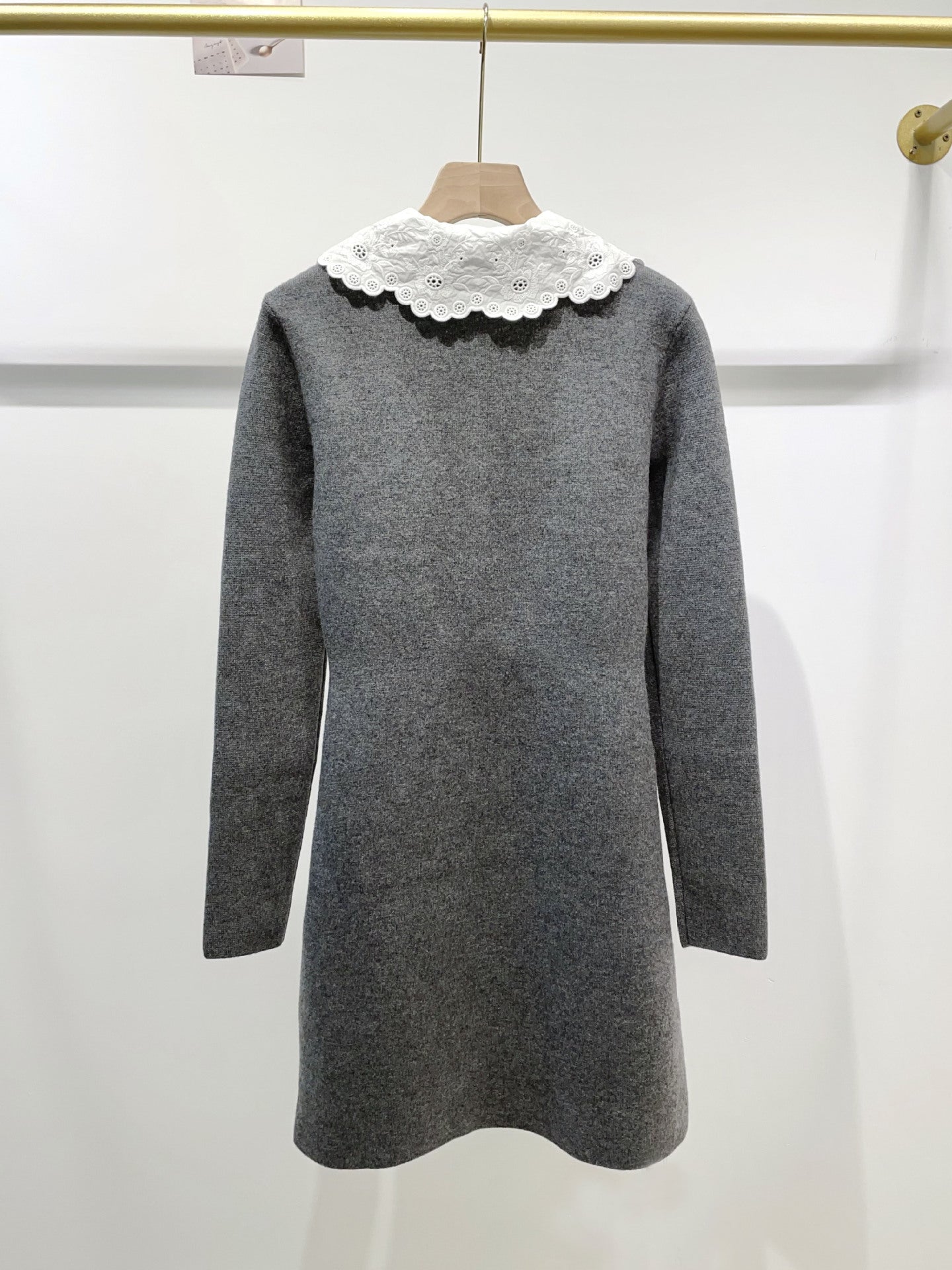 Women's Gray Long Sleeve Knit Fitted Dress