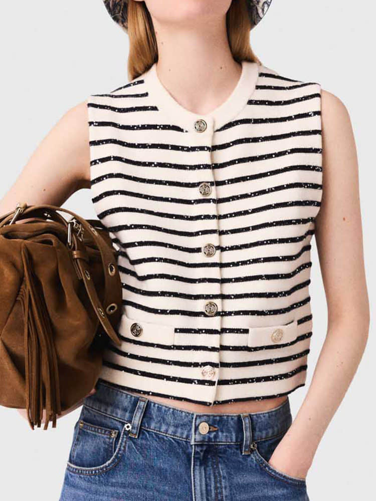 Sleeveless striped slim-fit knitted cardigan