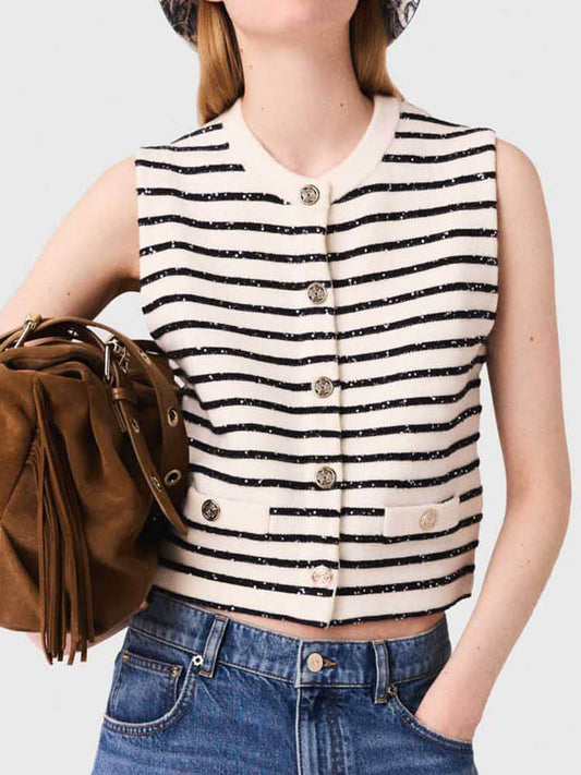 Sleeveless striped slim-fit knitted cardigan