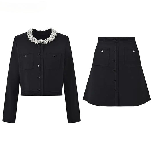 O-neck Single-breasted Cardigan A-line Mini Skirt Women Solid 2Pcs