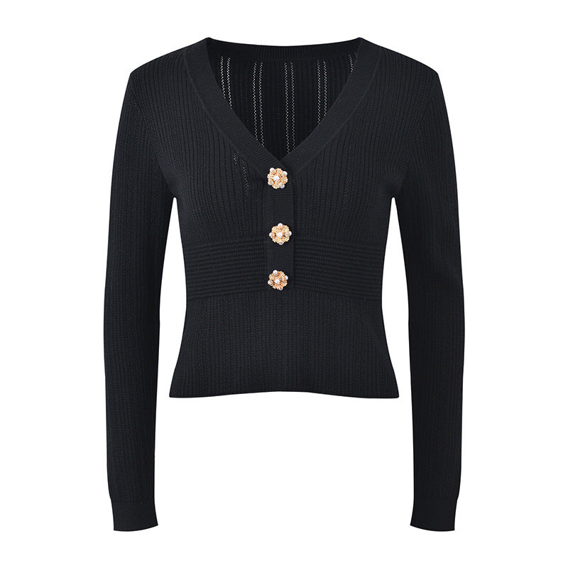 V-neck black long-sleeved cardigan for women